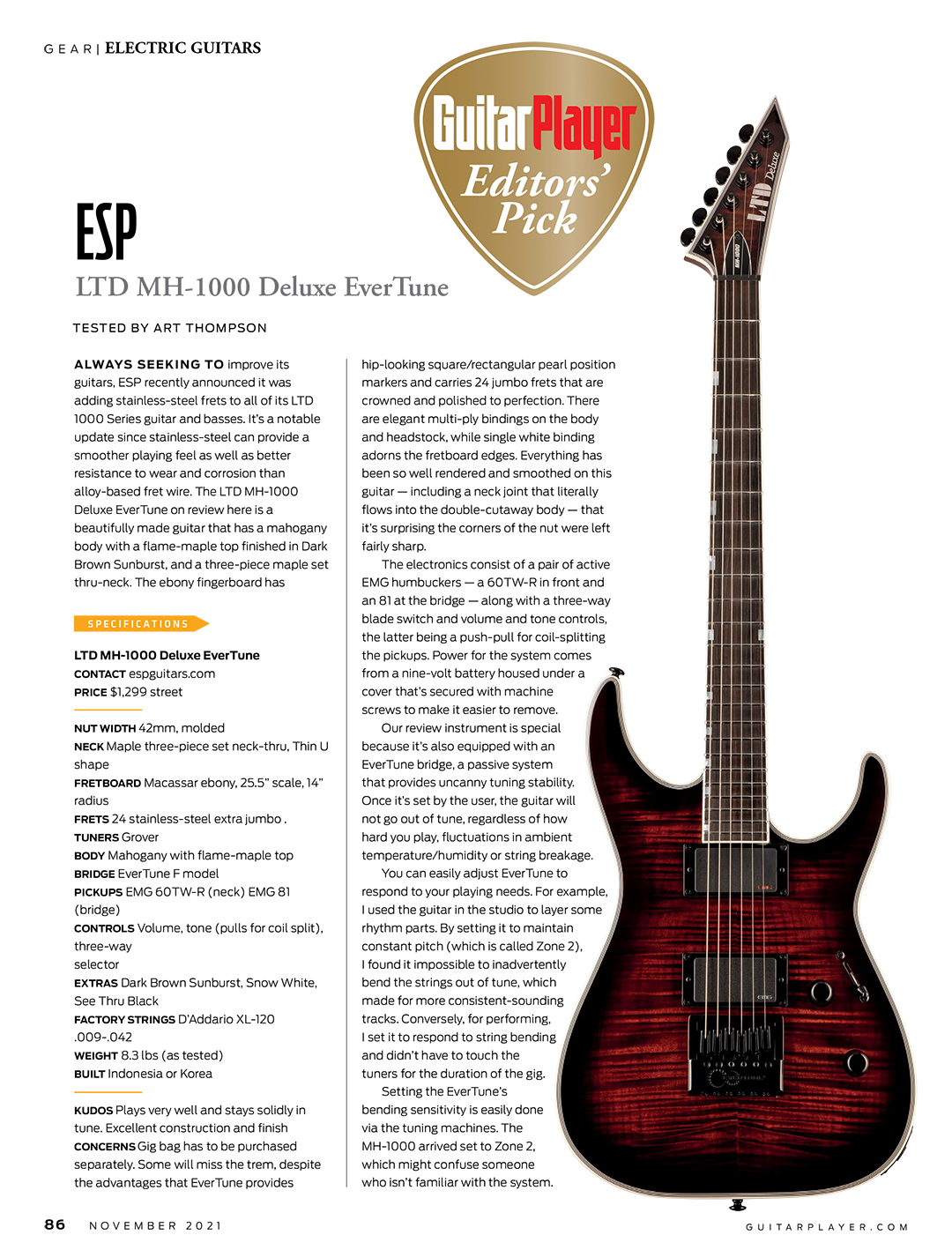 ESP LTD MH-1000 EverTune Dark Brown Sunburst review in Guitar Player Magazine by Art Thompson