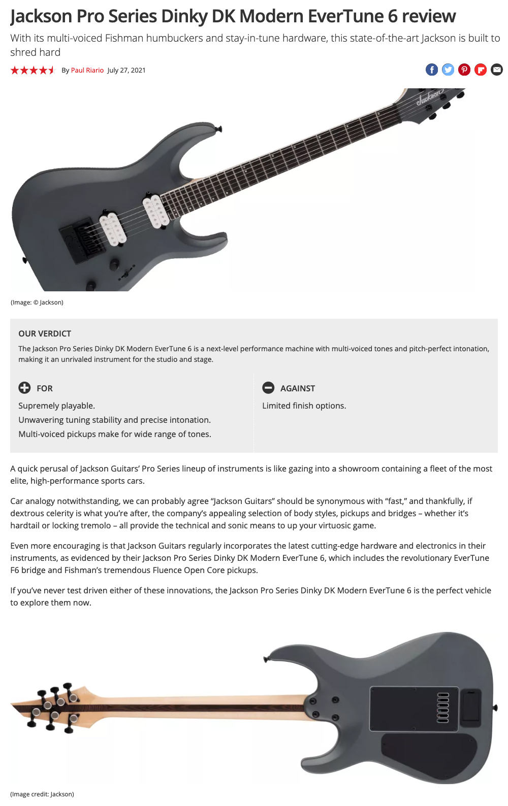 Jackson Pro Series Dinky DK Modern EverTune 6 review in Guitar World Magazine by Paul Riario