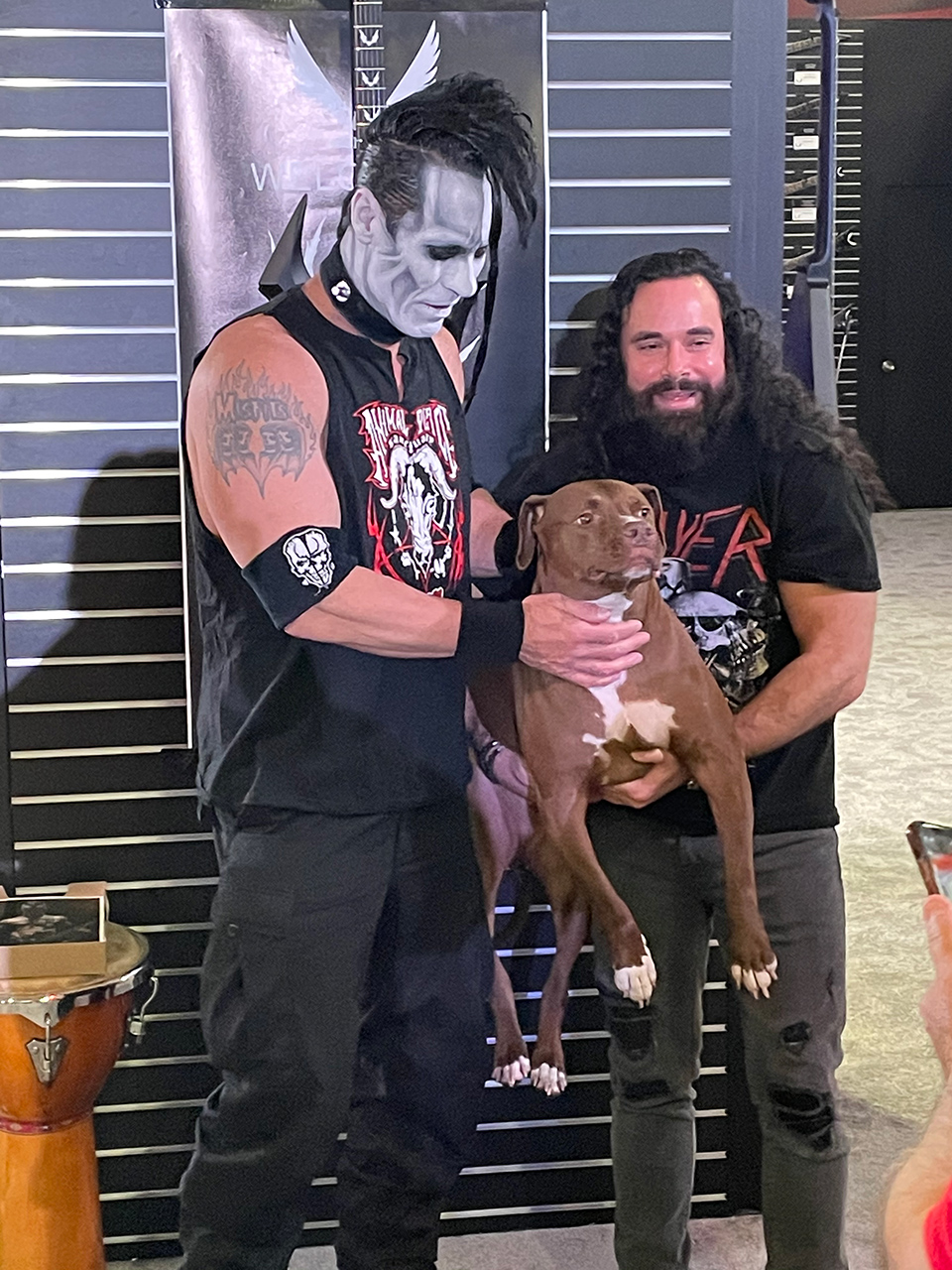 Misfits guitarist Doyle Wolfgang von Frankenstein with Dean CEO Evan Rubinson and Evan's dog, who is apparently a big Misfits fan.