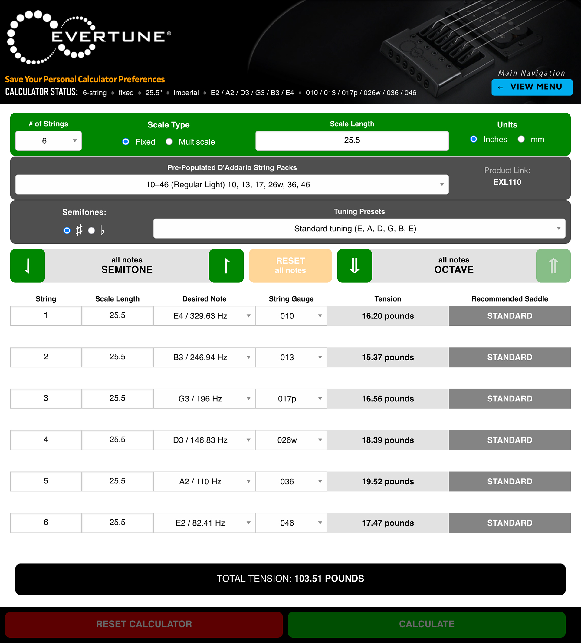 The new String Tension Gauge Calculator in its 6-string, fixed-scale view