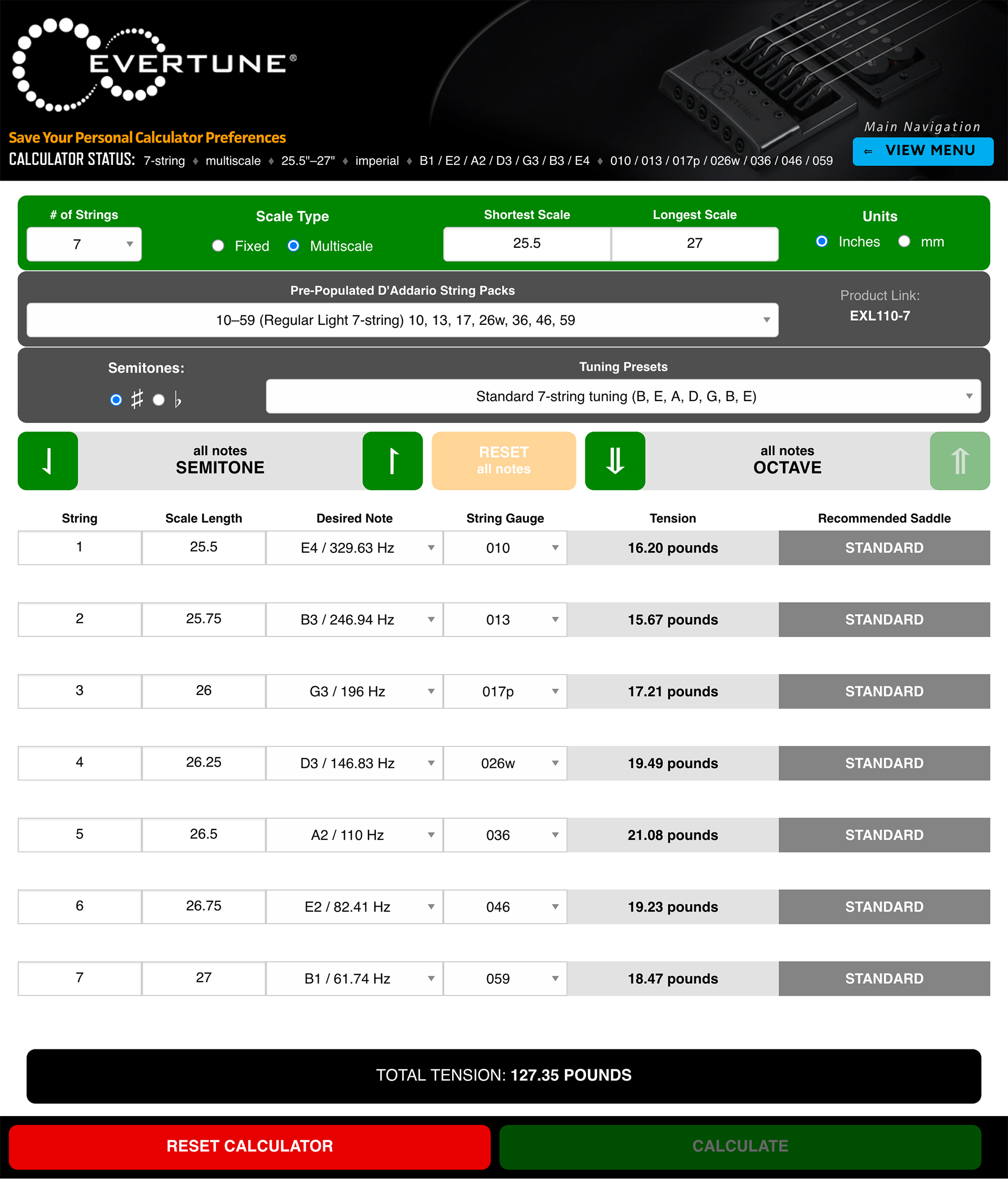 The String Tension Gauge Calculator in 7-string MultiScale mode with a 25.5 inch to 27 inch scale range