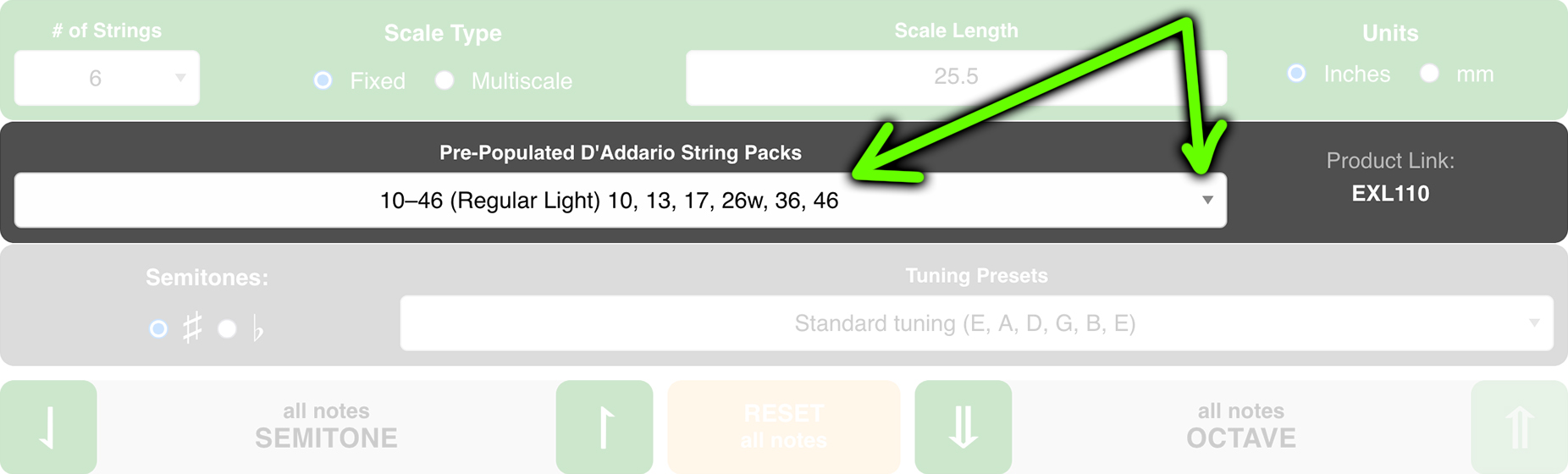 The Pre-Populated D’Addario String Packs selector