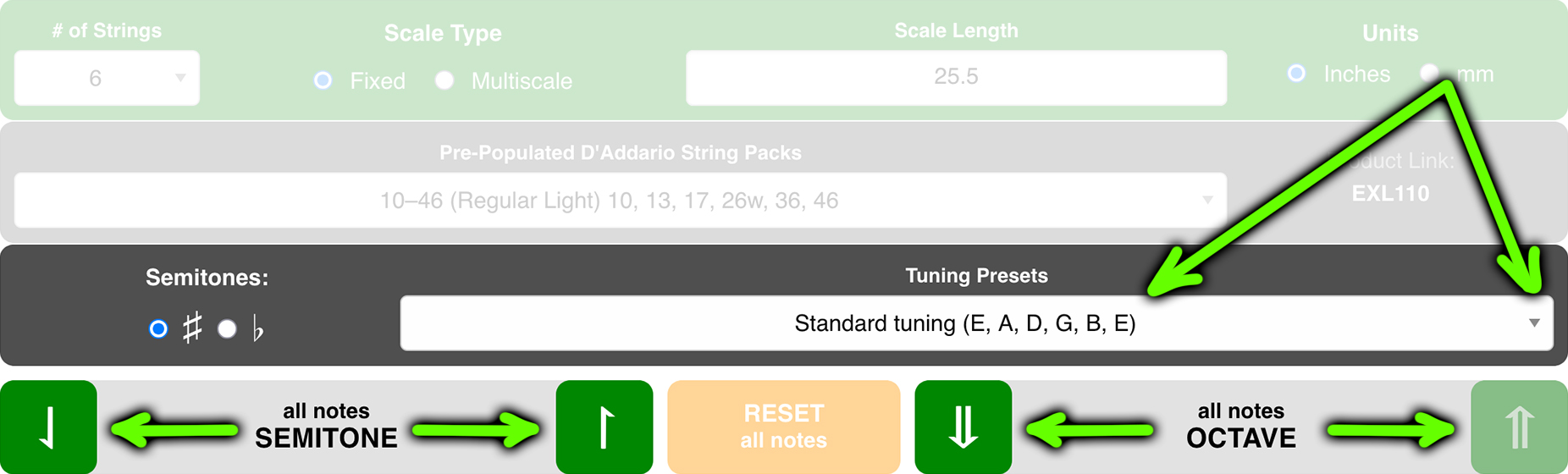 Tuning Presets with semitone and octave transpose controls