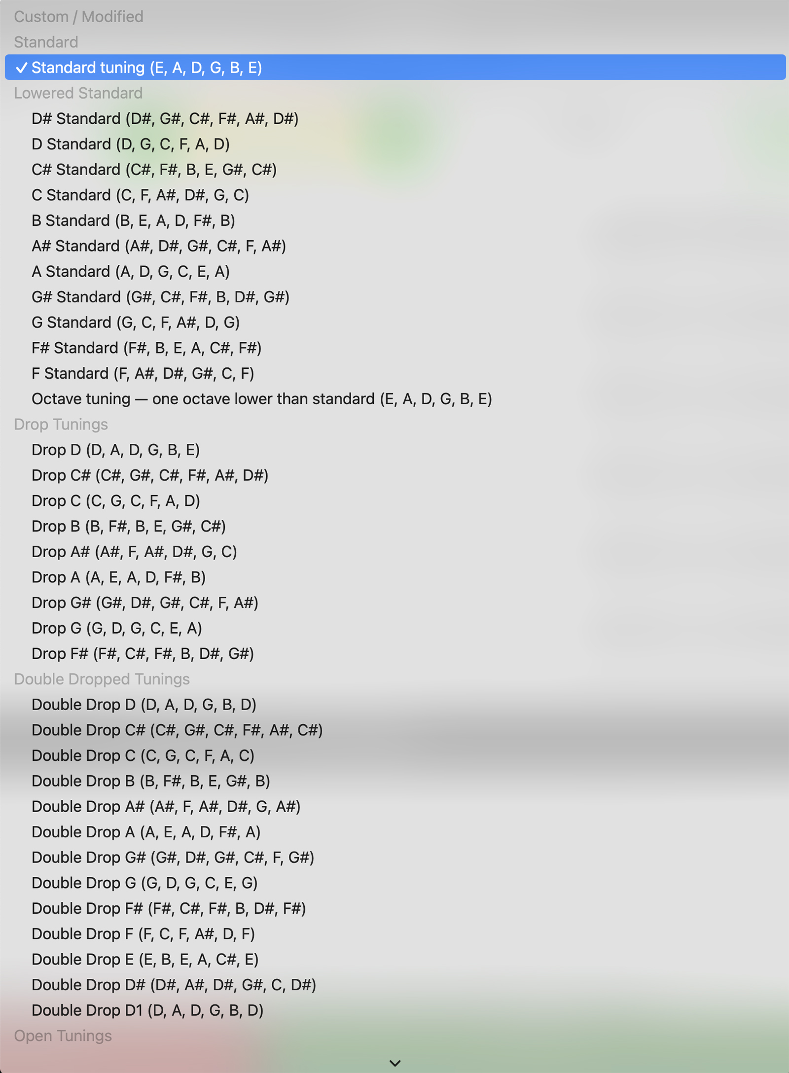 The tuning preset menu: standard, lowered, drop, double drop, open tunings and beyond