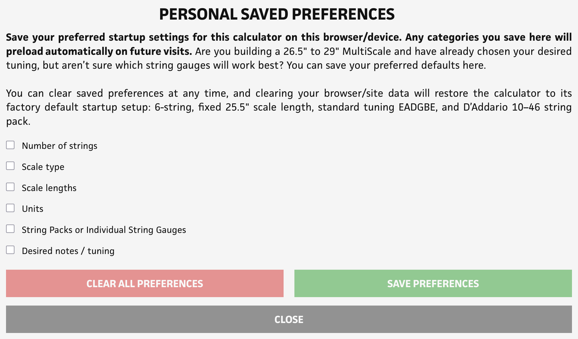 The Personal Saved Preferences panel